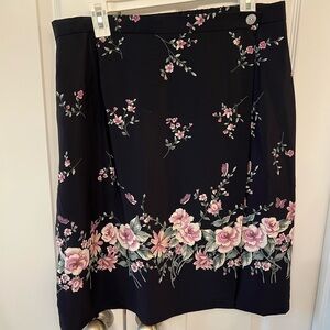 Plus size Vintage Navy and Pink A-Line Knee-Length Skirt with Floral Design